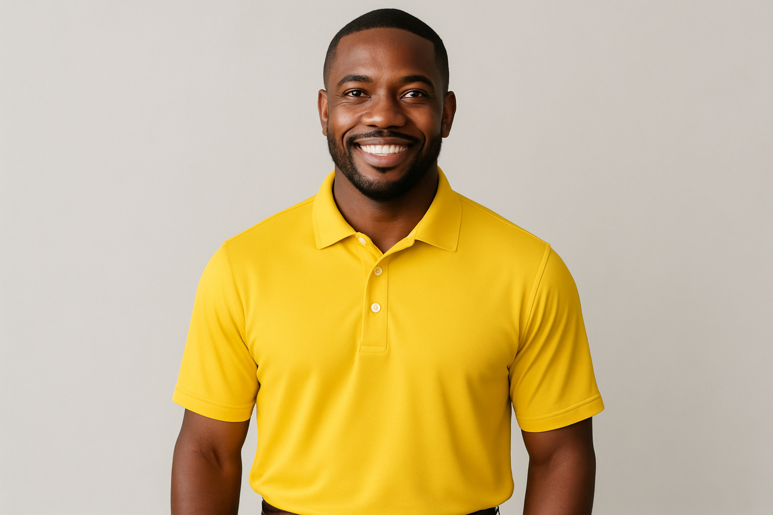 A half body portrait of a Black man wearing a yellow golf t-shirt, showing professional appearance from waist up with good lighting