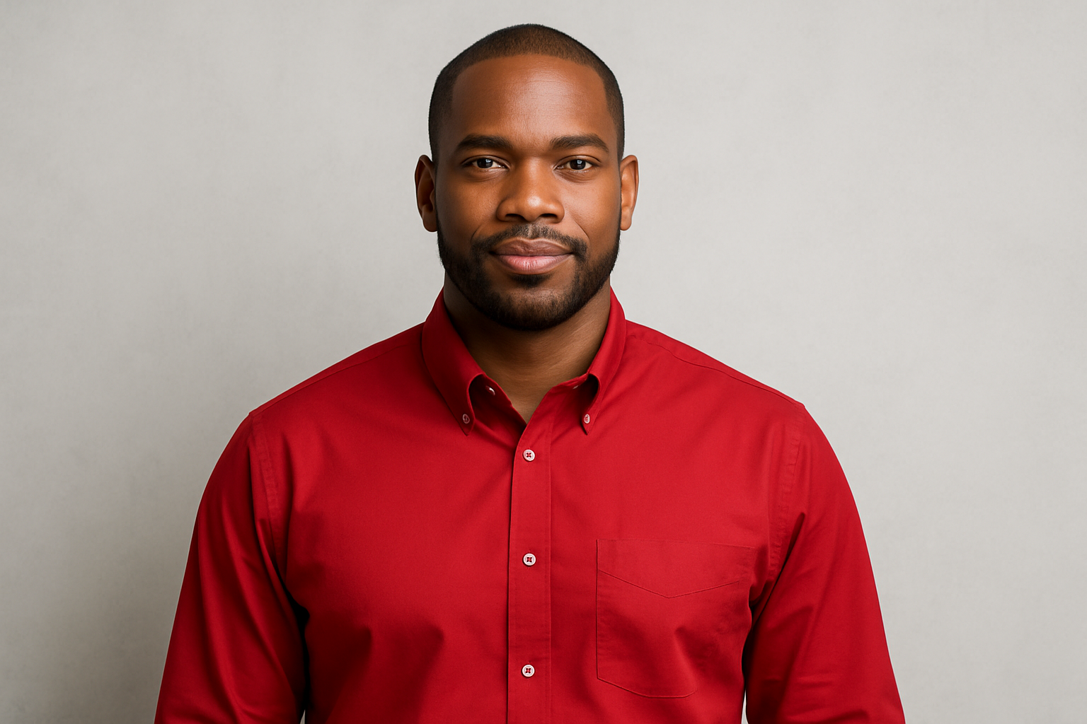 A half body portrait of a different Black man wearing a red button-up shirt, showing professional appearance from waist up with good lighting