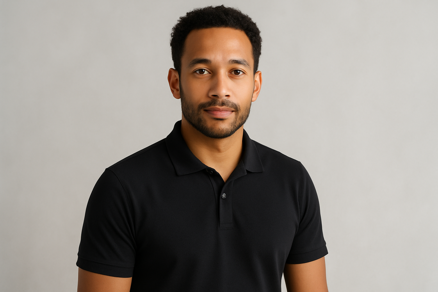 A half body portrait of a mixed race man wearing a black t-shirt, showing professional appearance from waist up with good lighting