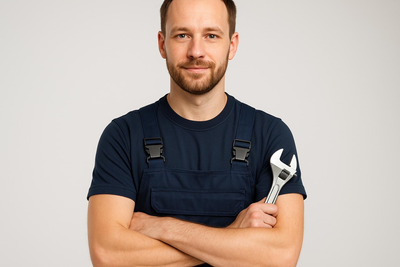 A half body portrait of a white mechanic wearing work overalls, showing professional appearance from waist up with good lighting suitable for automotive business use